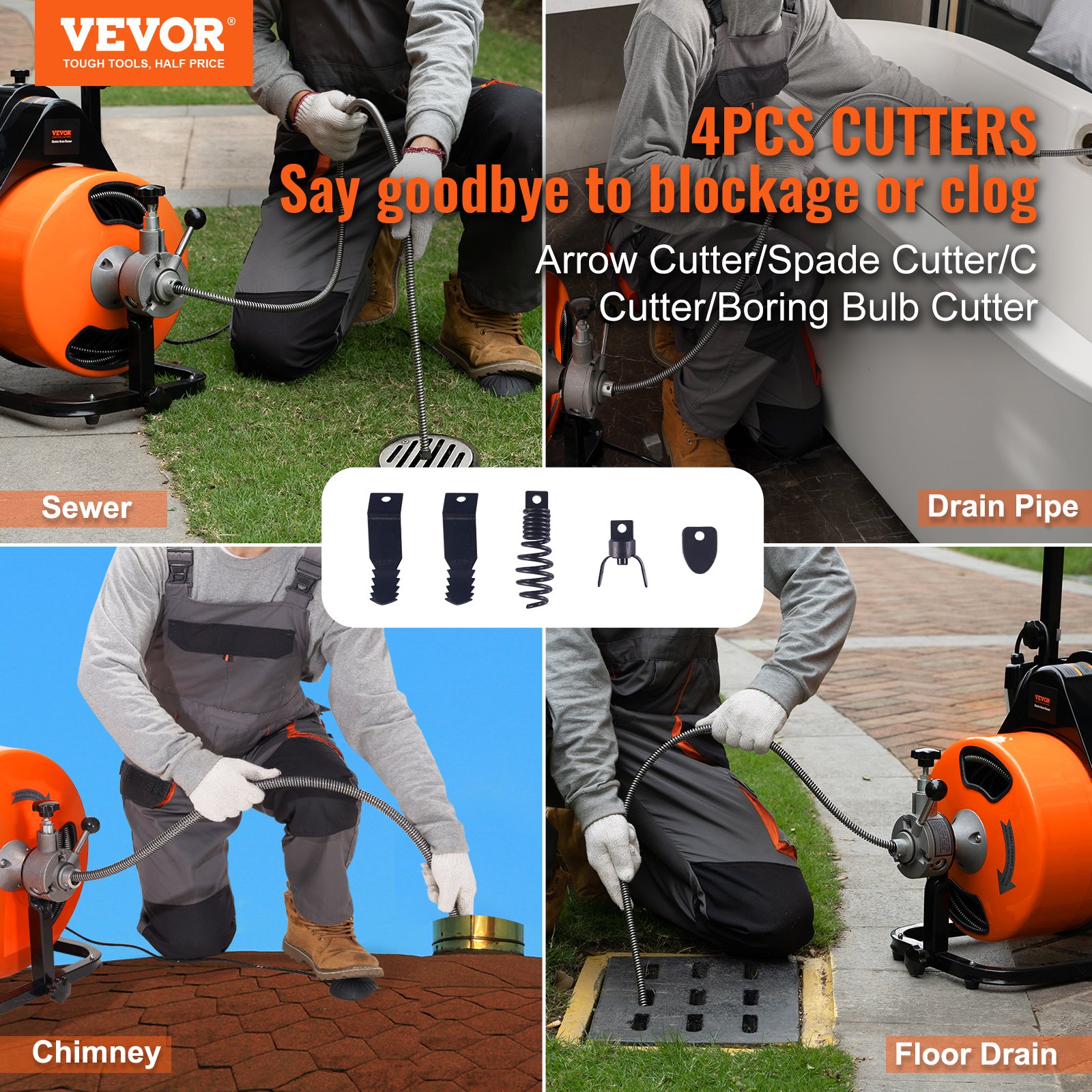 VEVOR Drain Cleaner Machine 50 FT X 3/8 Inch, Sewer Snake Machine Auto