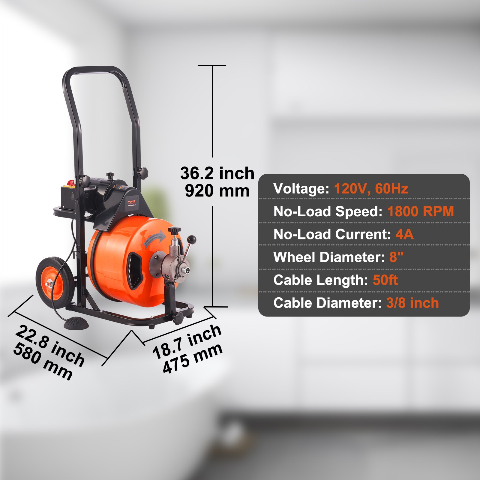 VEVOR Drain Cleaner Machine 50 FT X 3/8 Inch, Sewer Snake Machine Auto