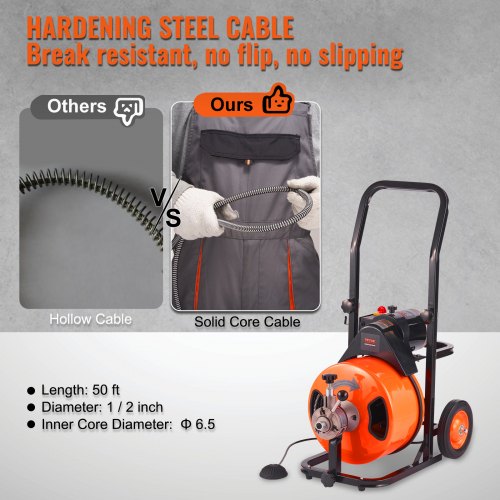VEVOR Drain Cleaner Machine 50Ft x 1/2 Inch, Sewer Snake Machine Auto