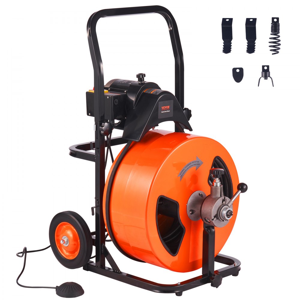VEVOR Electric Drain Auger - 75 Ft X 1/2" Cable, 370W, With 4 Cutters For 1-4 Inch Pipes