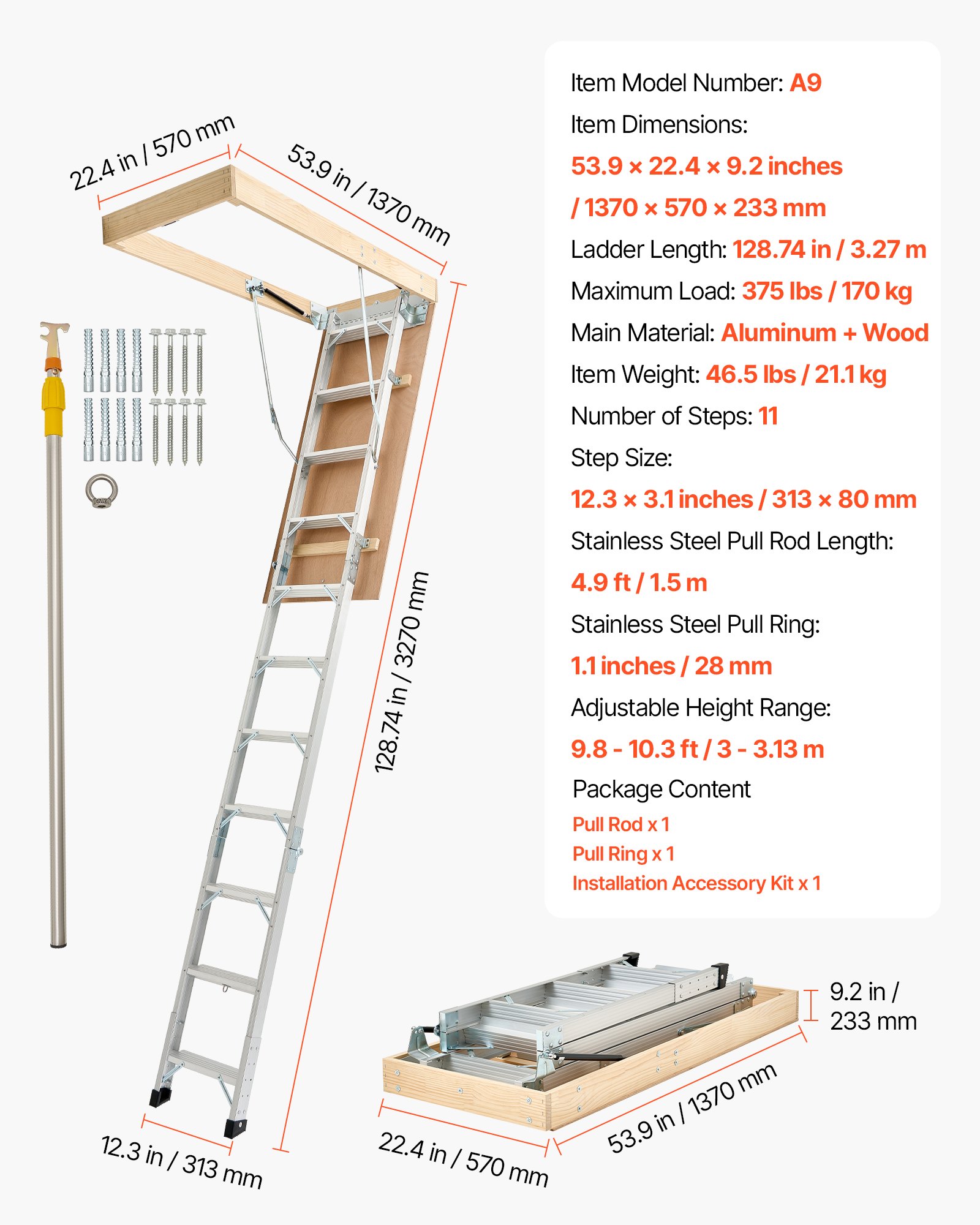 VEVOR 9.8 ft Attic Ladder – 375LBS Load, Fits 7.66-10.25 ft