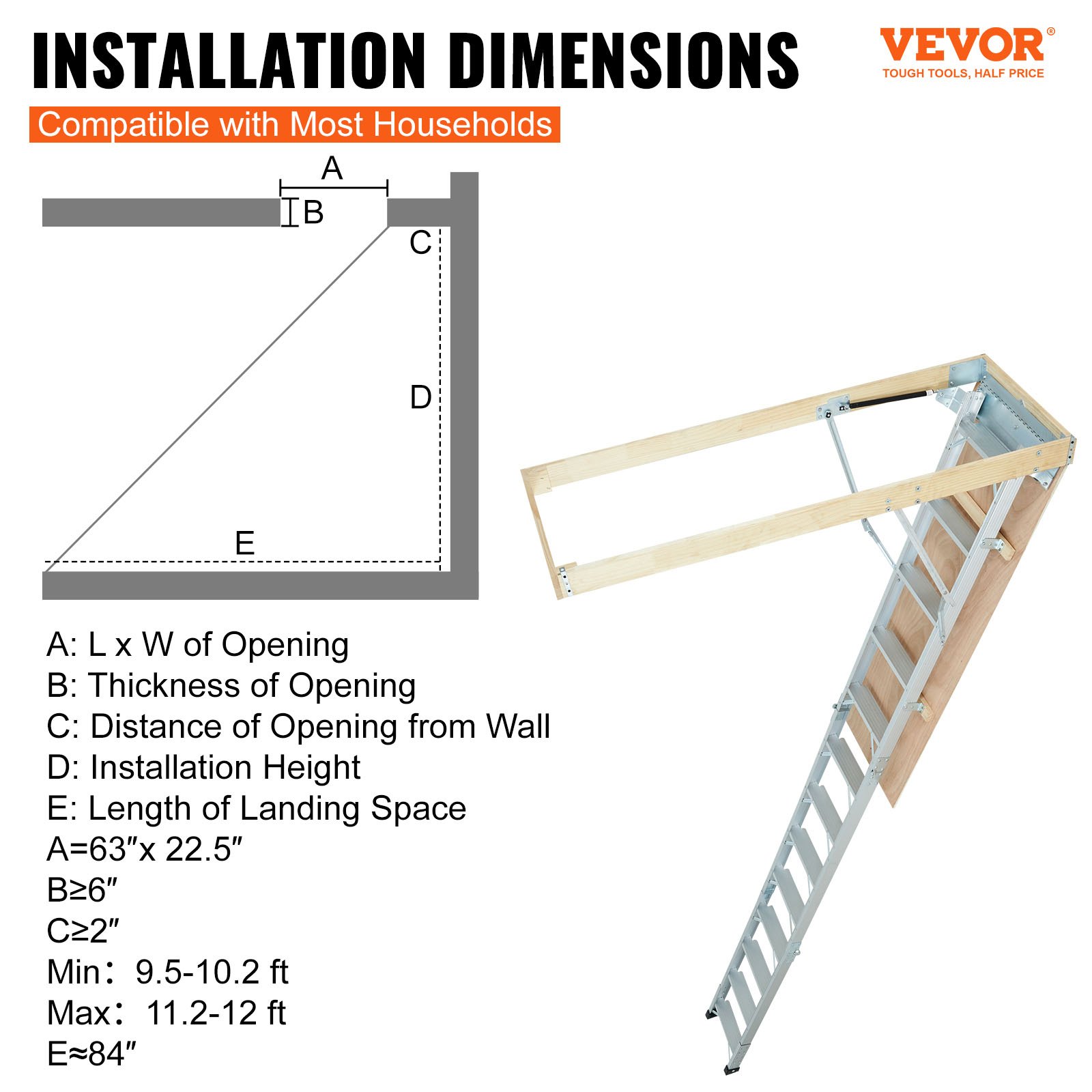 VEVOR Attic Ladder Foldable, 350-pound Capacity, 22.5" x 63", Multi ...