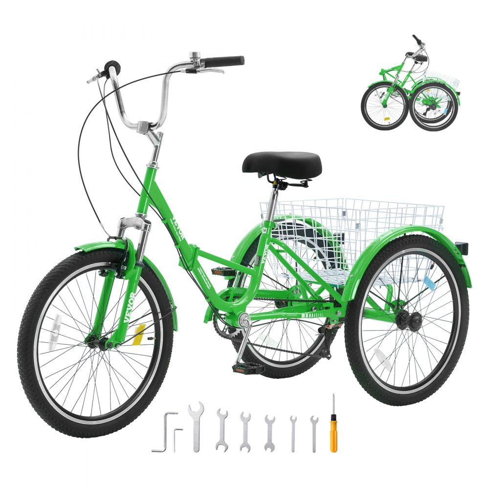 VEVOR Folding Adult Tricycle 24 Inch 7 Speed Adult Folding Trikes Carbon Steel 3 Wheel Cruiser Bike with Basket Adjustable Seat Shopping Picnic Foldable Tricycles for Women Men Seniors Green