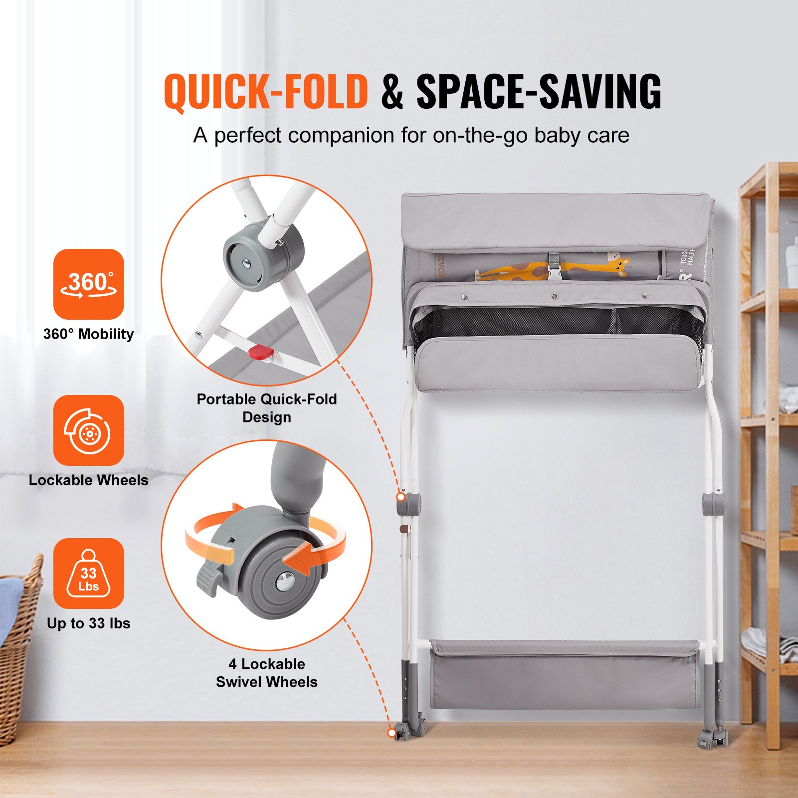 Foldable Baby Changing Table With Wheels - Adjustable Height Diaper Station With Storage Basket