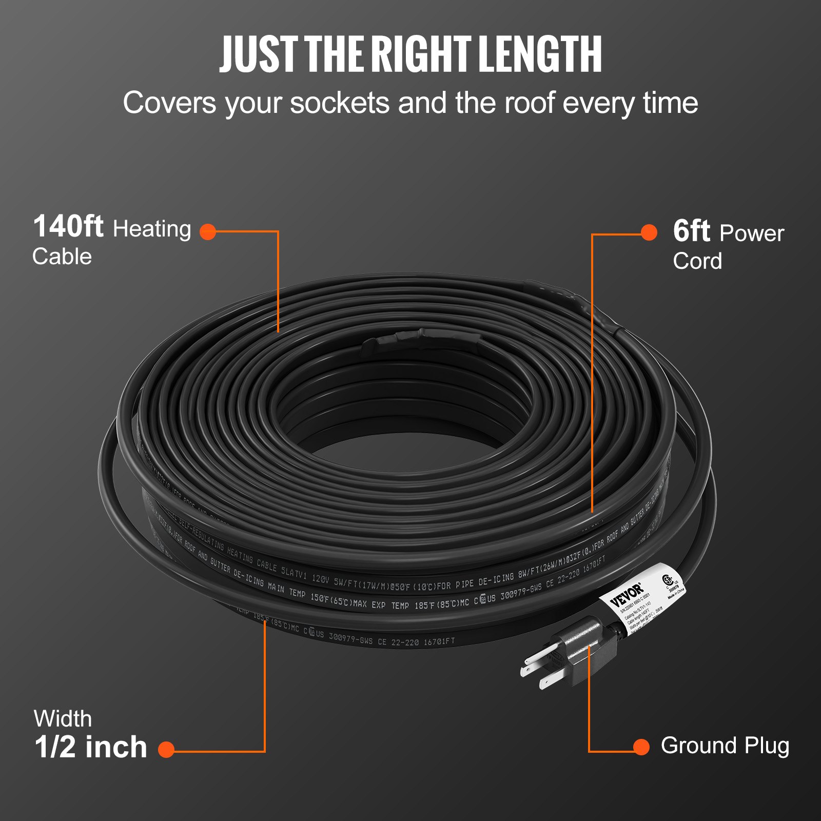 VEVOR SelfRegulating Pipe Heating Cable, 140feet 5W/ft Heat Tape for