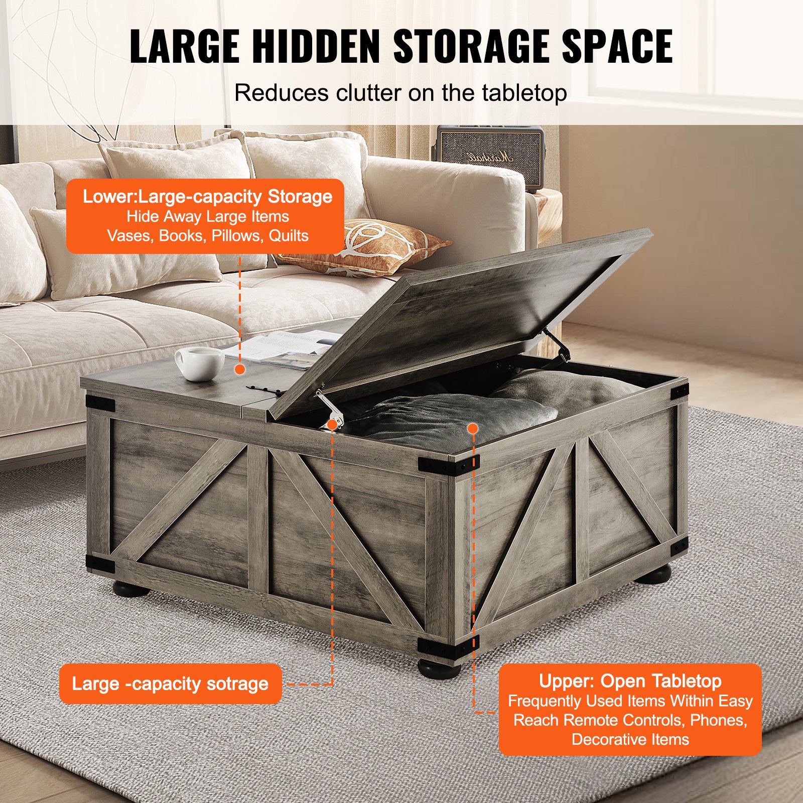 VEVOR 36 inch Coffee Table With Storage – Lift 90°, 75 LBS