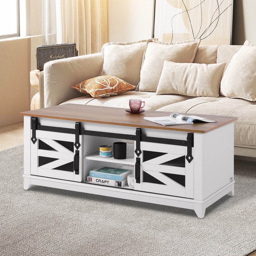 VEVOR Coffee Table with Barn Doors 48 Table 2 Tier Wood