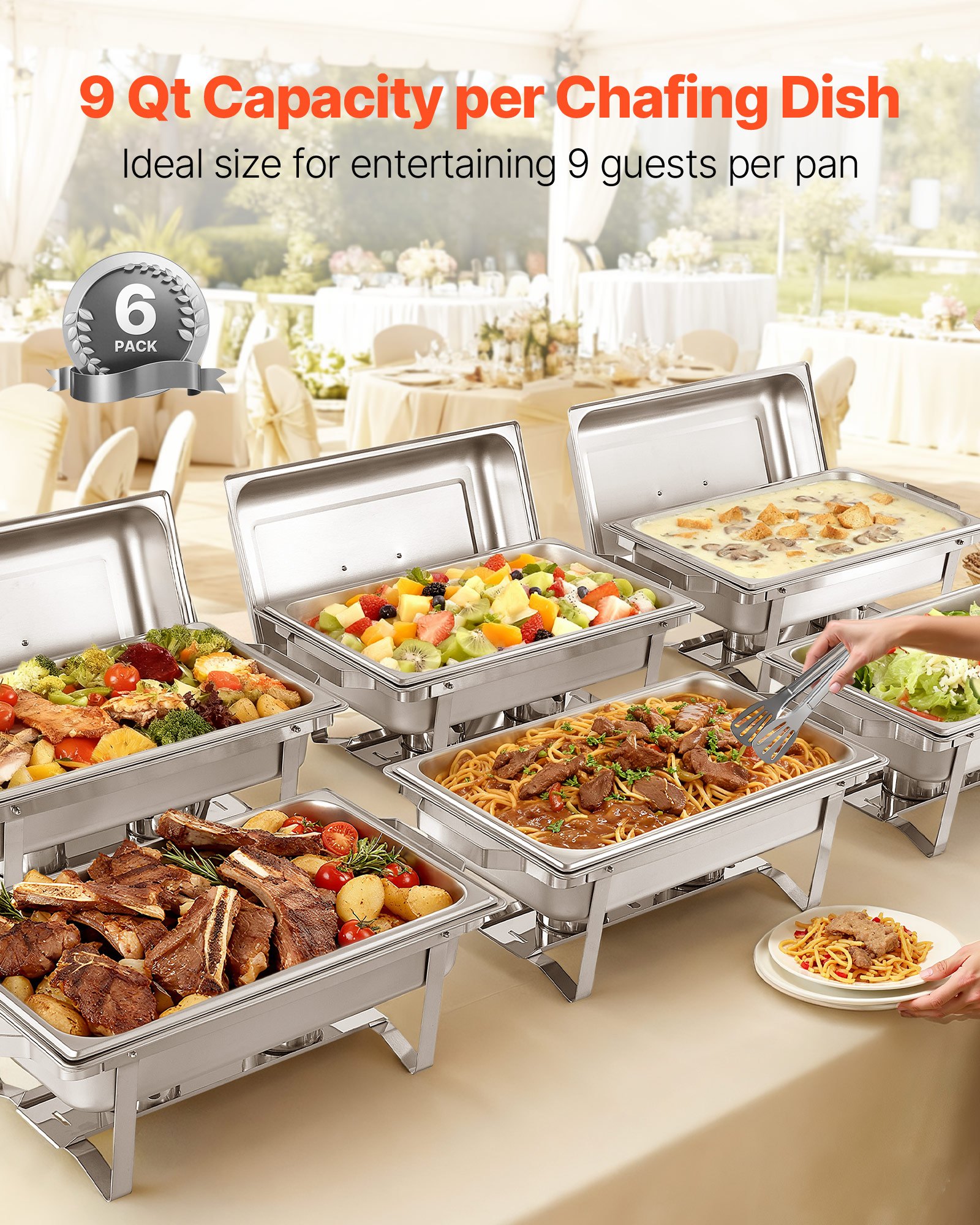 VEVOR Rectangle Chafing Dish, 9 Qt 6 Pack Stainless Steel Chafing Dish ...