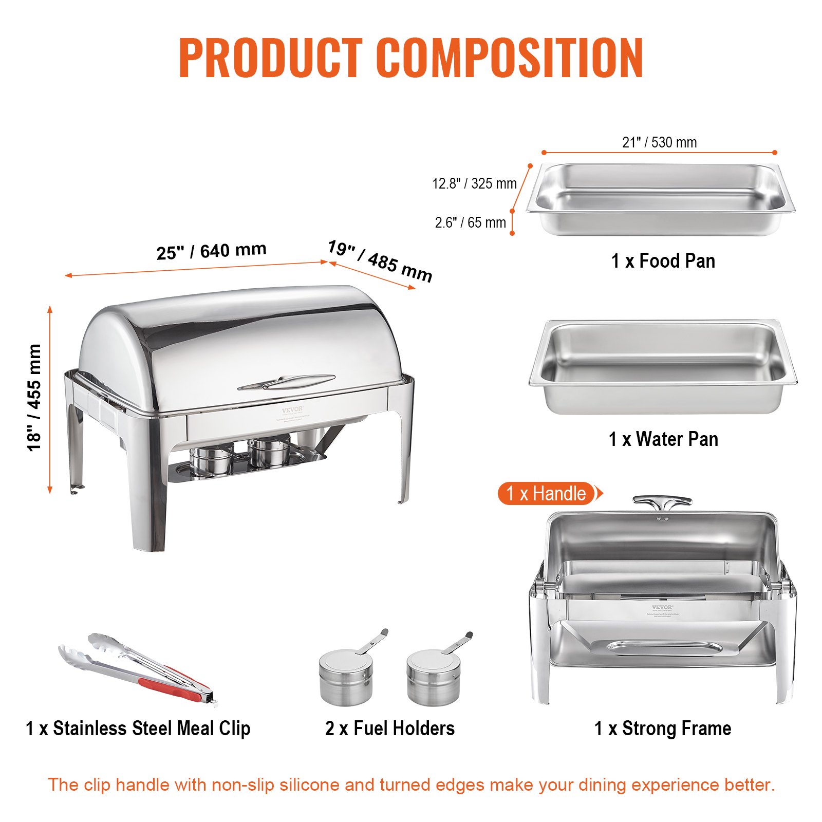 VEVOR Roll Top Chafing Dish Buffet Set, 6 Qt 2 Pack, Stainless Steel Chafer With 2 Full Size Pans, Round Catering Warmer Server With Lid Water Pan