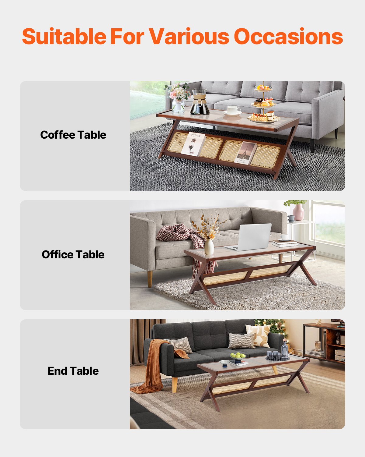 VEVOR Bamboo Coffee Table Glass Top – 47