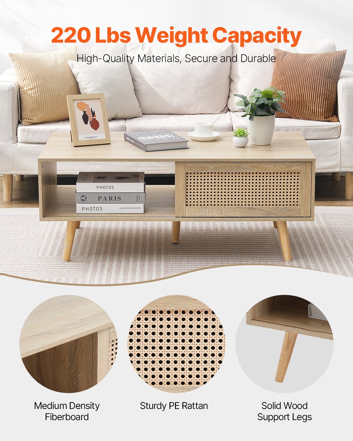 VEVOR Boho Coffee Table — Rattan Wood Living Room Table