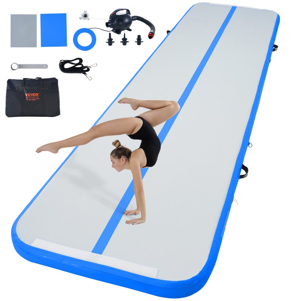 VEVOR Gymnastics Air Mat 4 inch Thickness Inflatable Gymnastics Tumbling Mat Tumble Track with Electric Pump Training Mats for Home Use Gym Yoga Cheerleading Beach Park Water 13 ft Blue