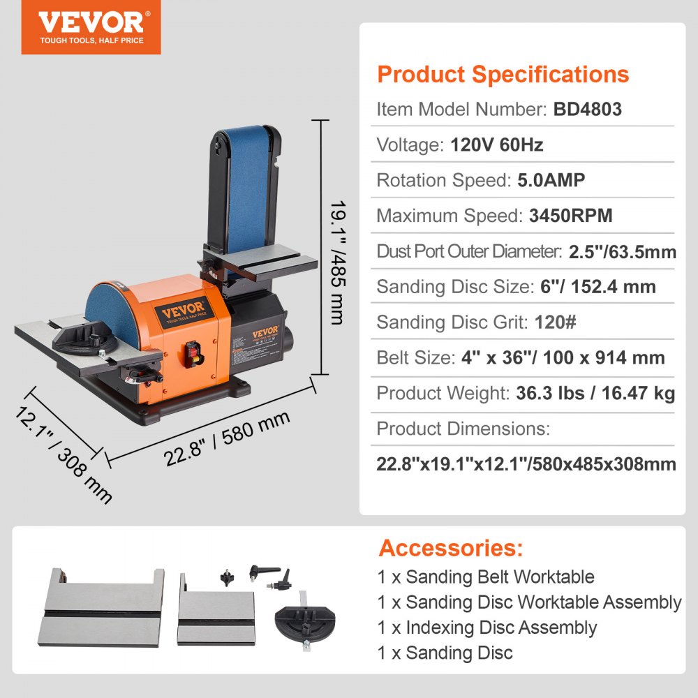 VEVOR Professional Belt Sander, 6" Disc Sander and 4 x 36 in. Belt