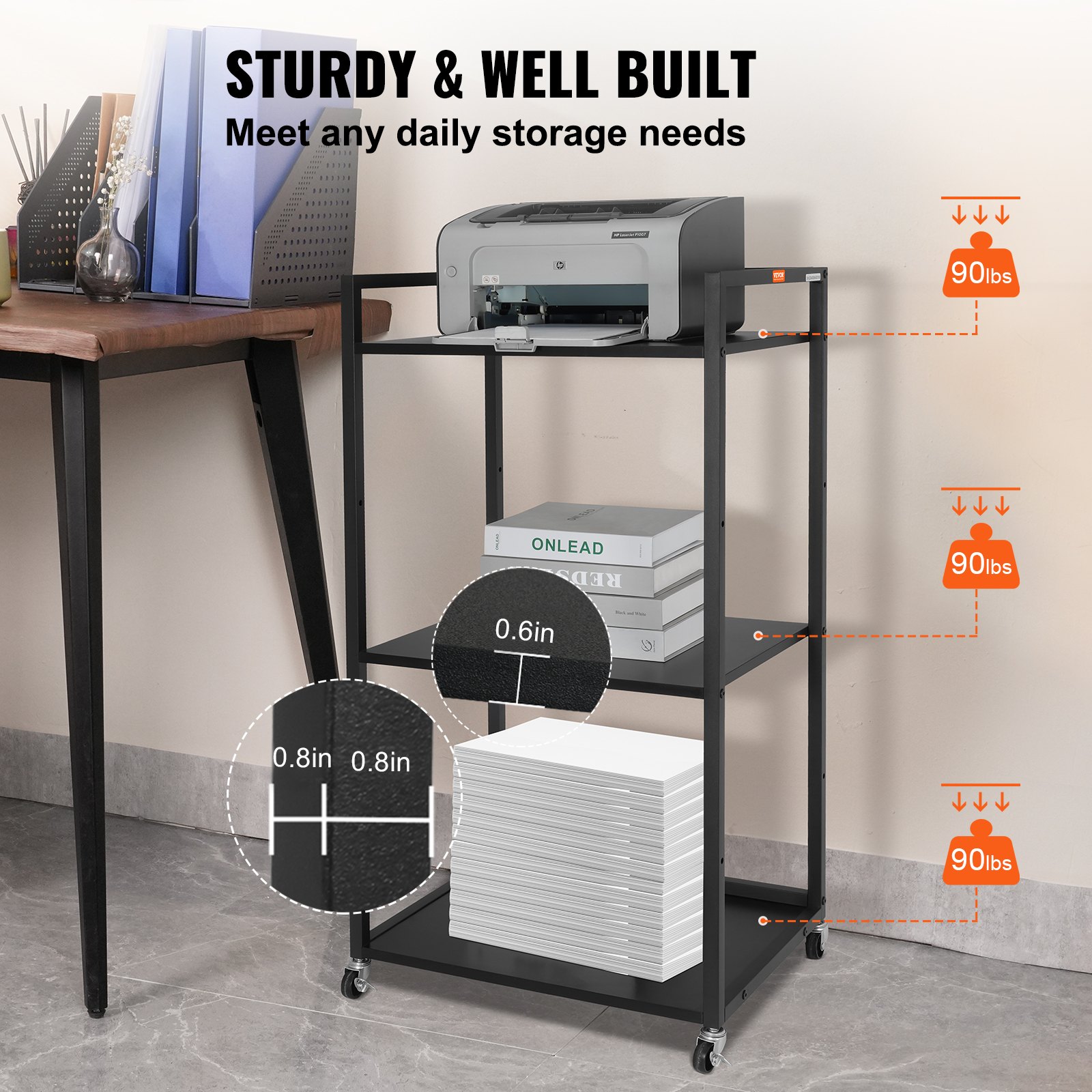 VEVOR Printer Stand with Wheels, Height Adjustable 3 Tier Printer Stand ...
