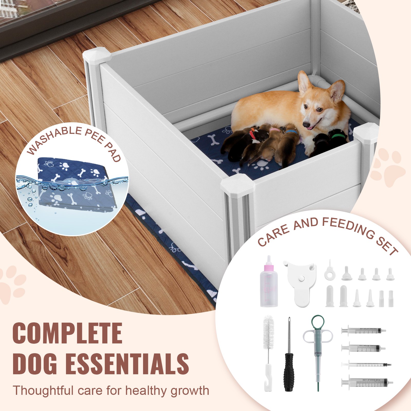 VEVOR Puppy Whelping Box – 38.6 x 38.6 x 18.1 in with Rails