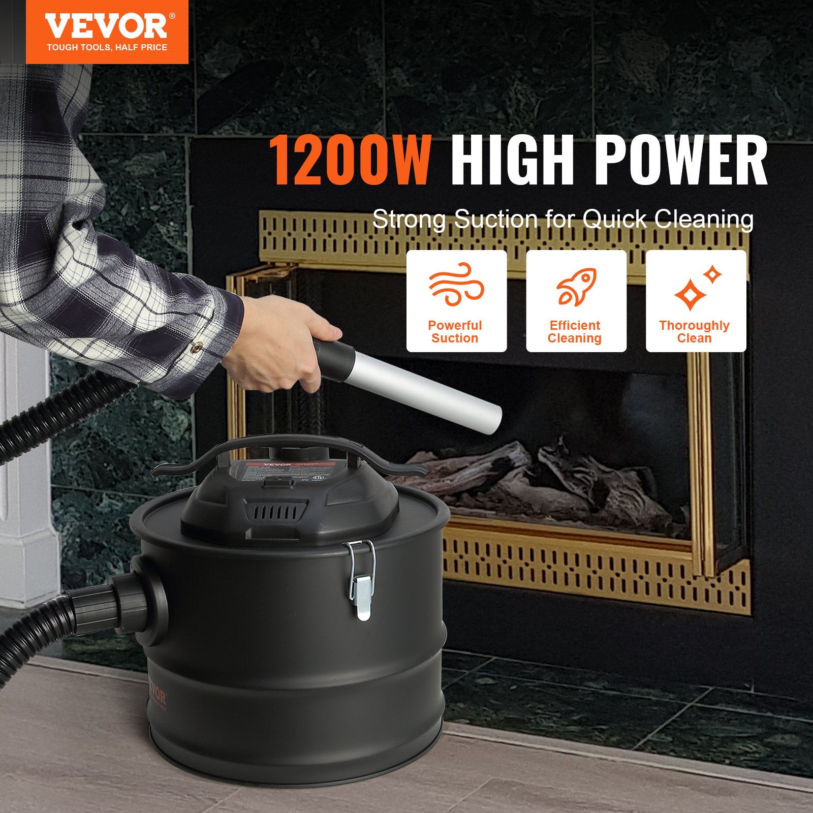 VEVOR Ash Vacuum Cleaner, 4 Gallon with 1200W Powerful Suction, Ash Vac Collector with 47.2 in