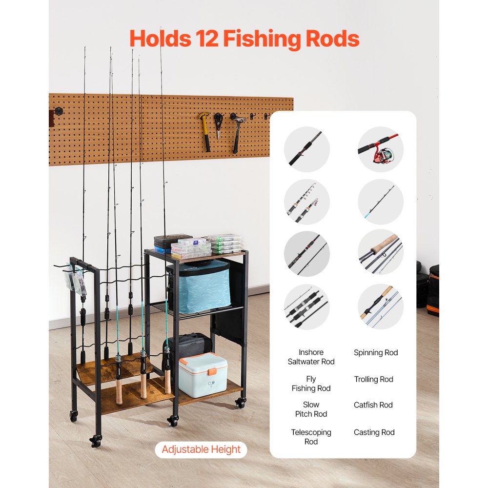 VEVOR Fishing Rod Holder for 12-Rods, Mobile Fishing Pole Rack Cart ...