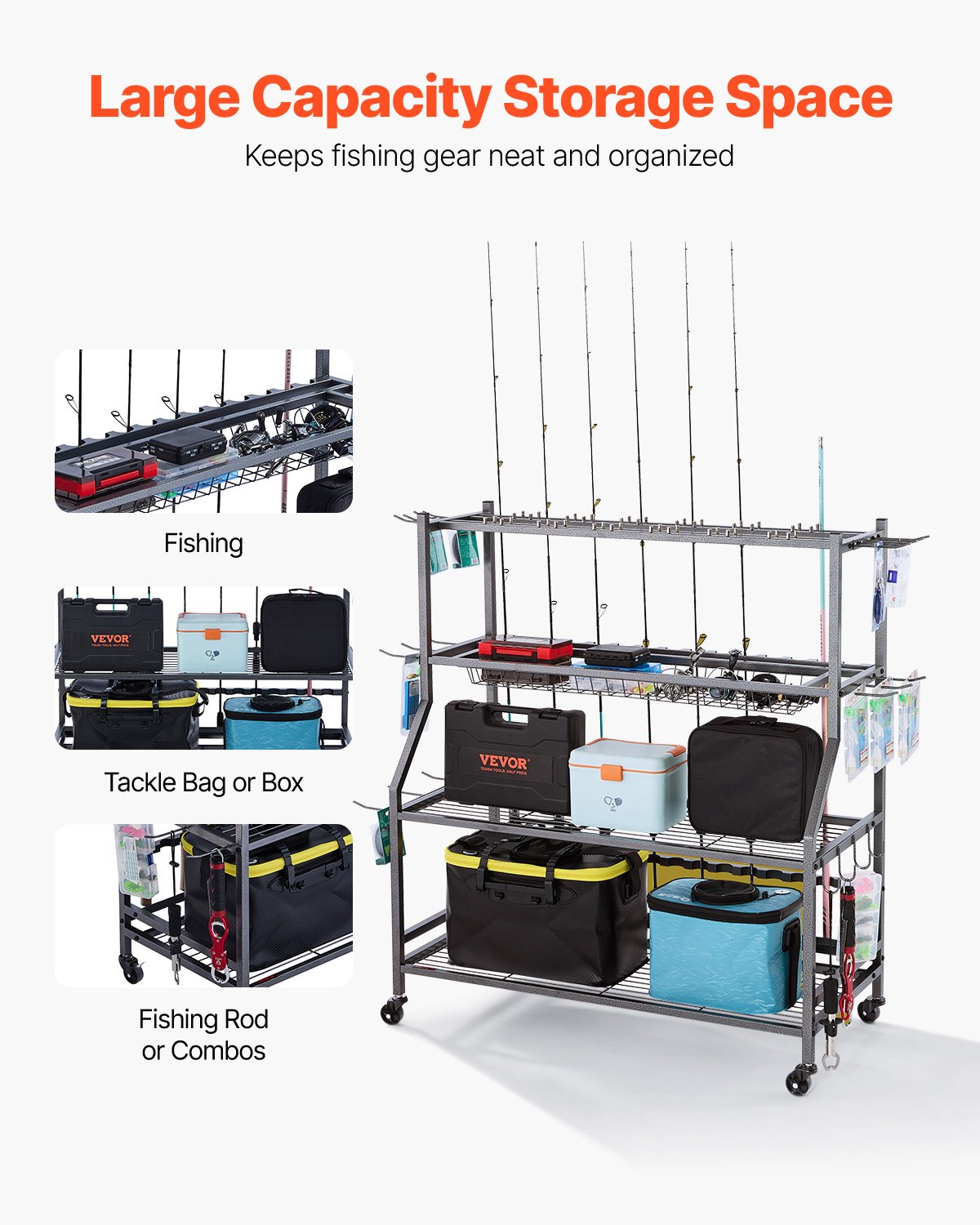 VEVOR Fishing Rod Rack — 15-Rod Secure Storage with Wheels