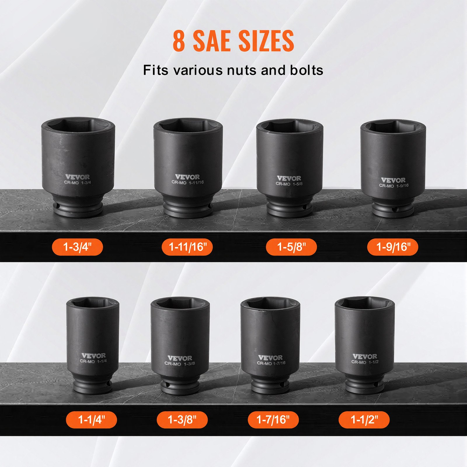 VEVOR Axle Nut Socket Set – 8 SAE, 1-¼, 1/2