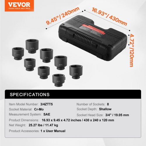 VEVOR Spindle Nut Socket Set - 8 SAE Sizes, 3/4