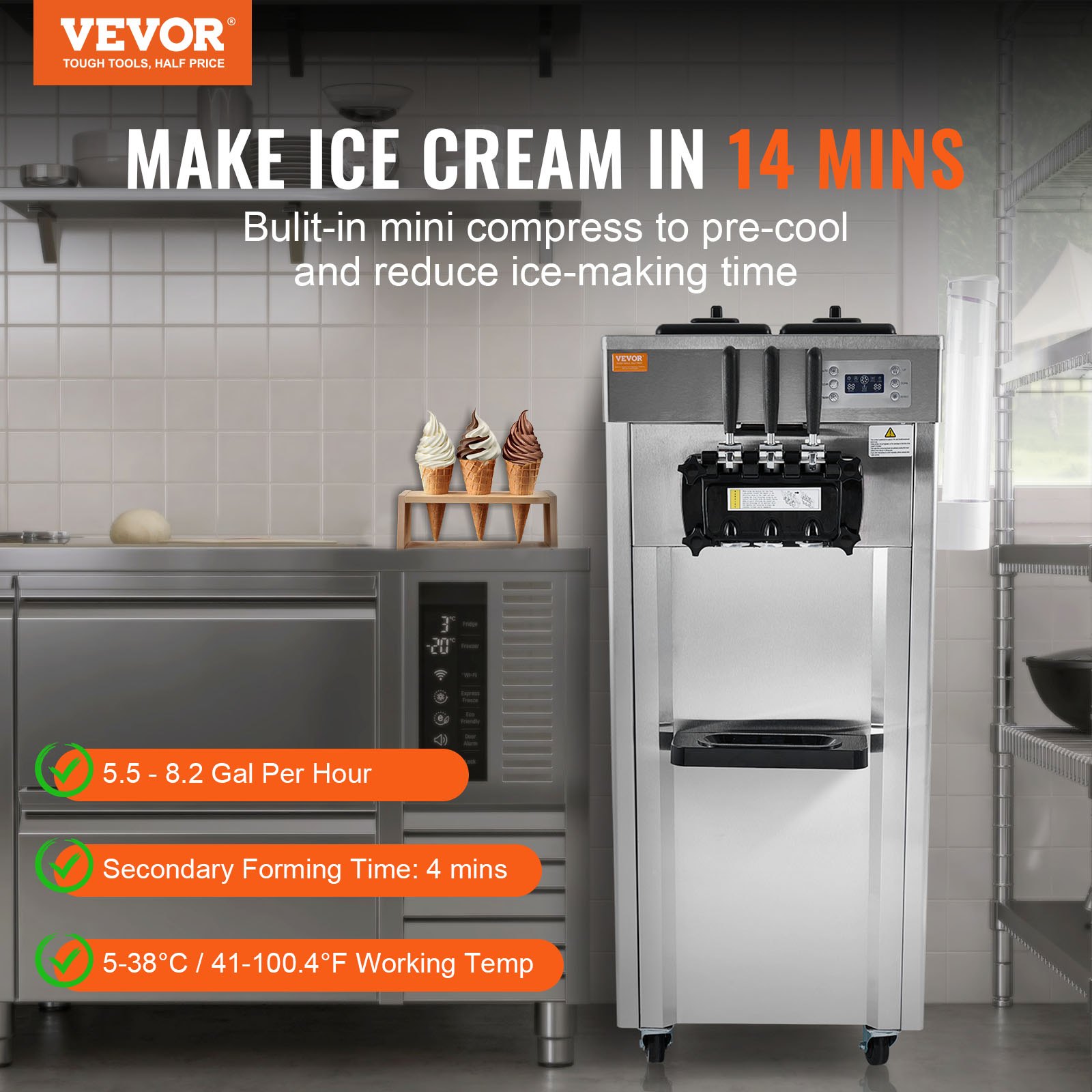 VEVOR 1850W Commercial Soft Ice Cream Machine 3 Flavors 5.3 to 7 ...