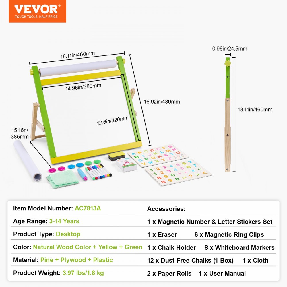 VEVOR 3-in-1 Kids Art Easel Double-Sided Wooden Magnetic Whiteboard Chalkboard - Multicolor 2 main image 1