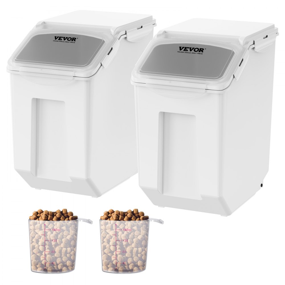 VEVOR Ingredient Storage Bin 2 x 15L Dispenser Bin with 2 Measuring Cups Attachable Casters and Airtight Lid 2 Pcs Set Dog Pet Food Storage