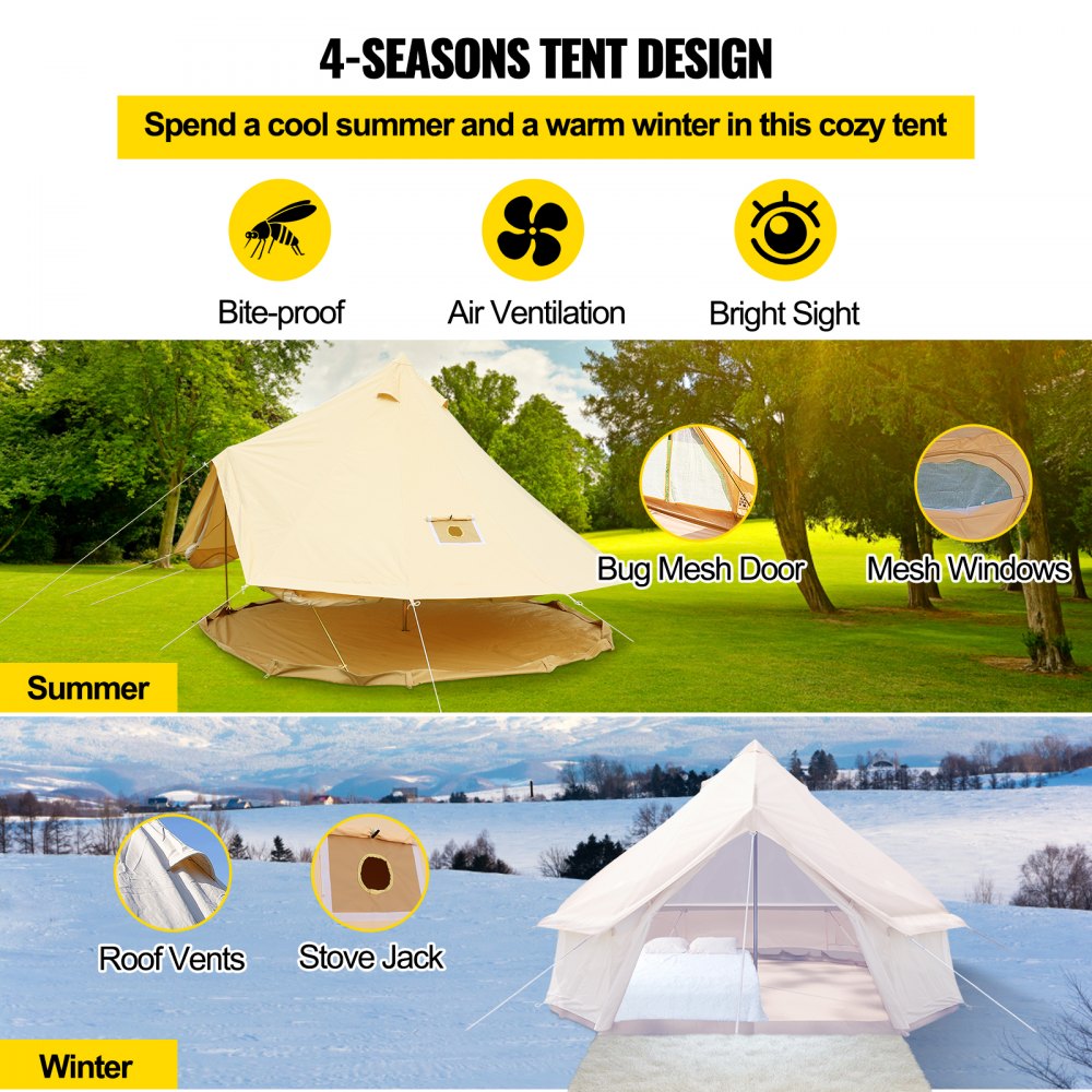 VEVOR VEVOR 3M Bell Tent 3-5 Persons Canvas Tent with Stove Hole Cotton ...