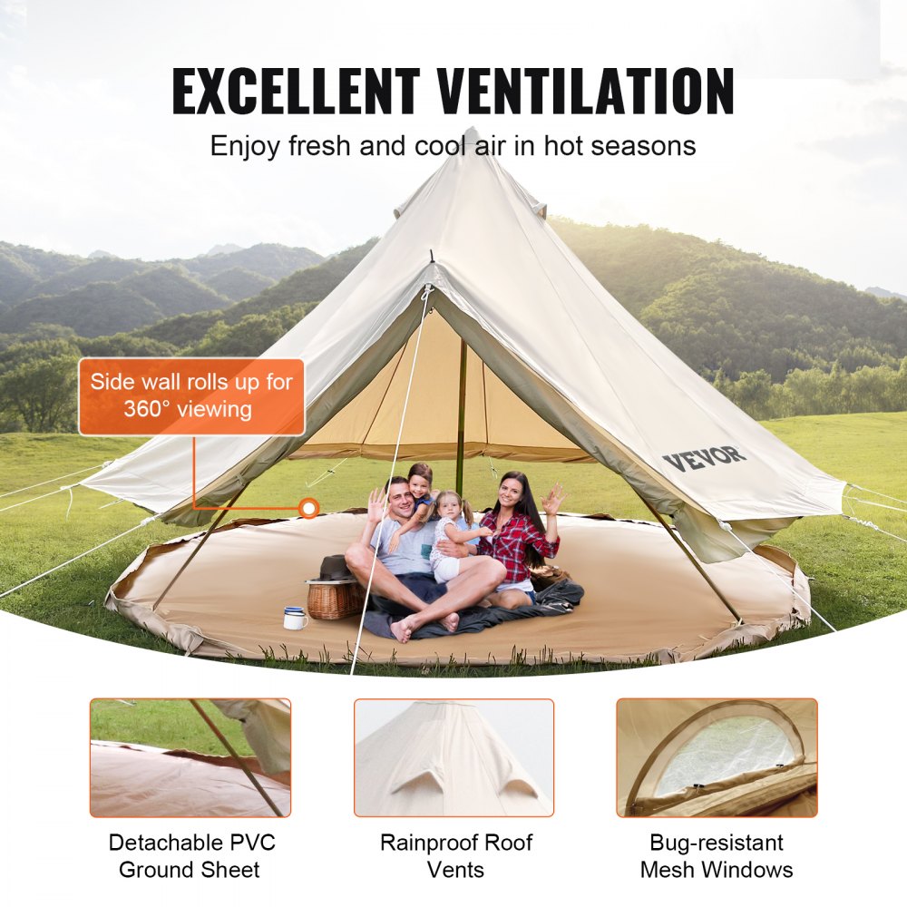 VEVOR VEVOR 4M Bell Tent 5-8 Persons Canvas Tent with Stove Hole Cotton ...