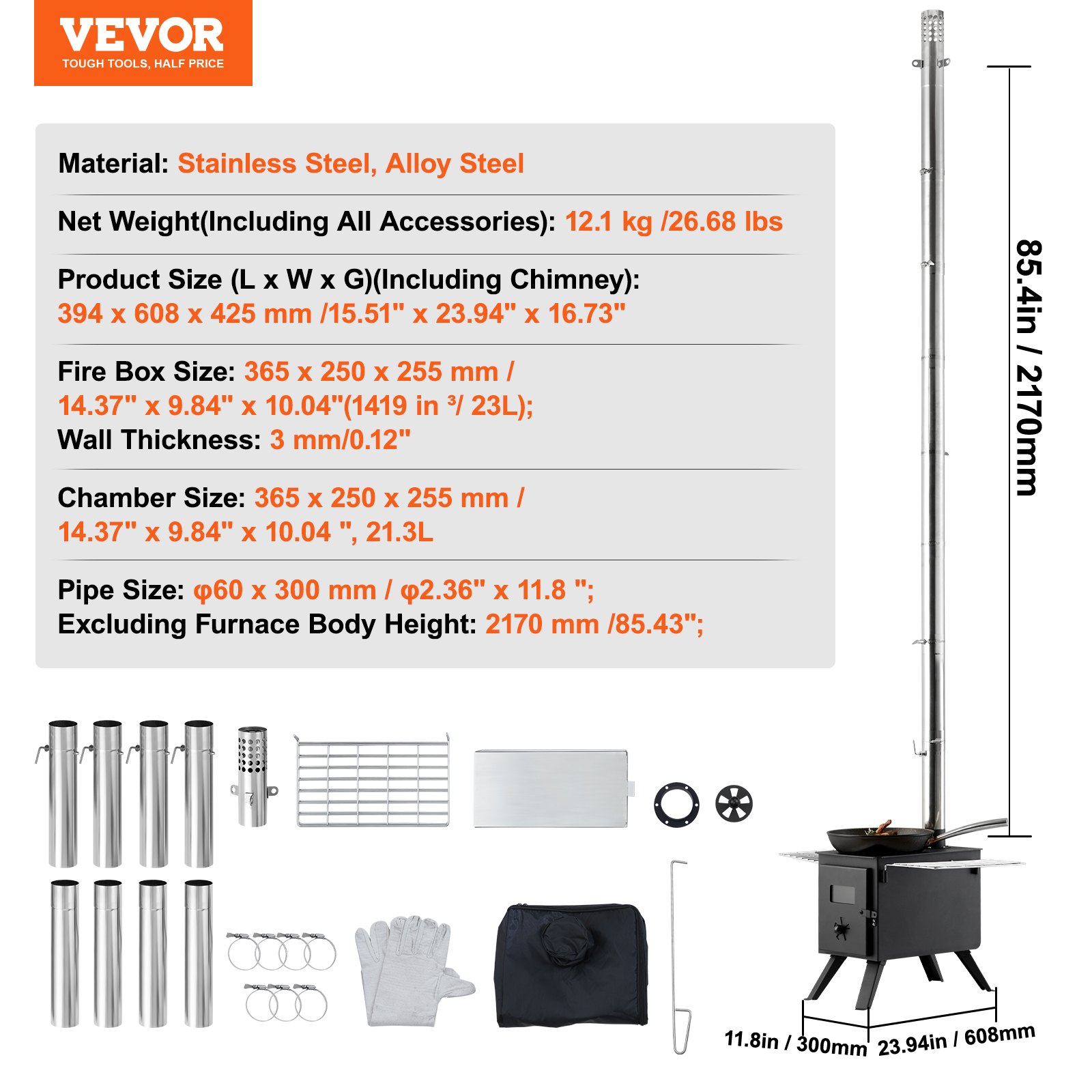 Vevor Wood Stove 86 Inch Alloy Steel Camping Tent Stove Portable Wood Burning Stove With 8987