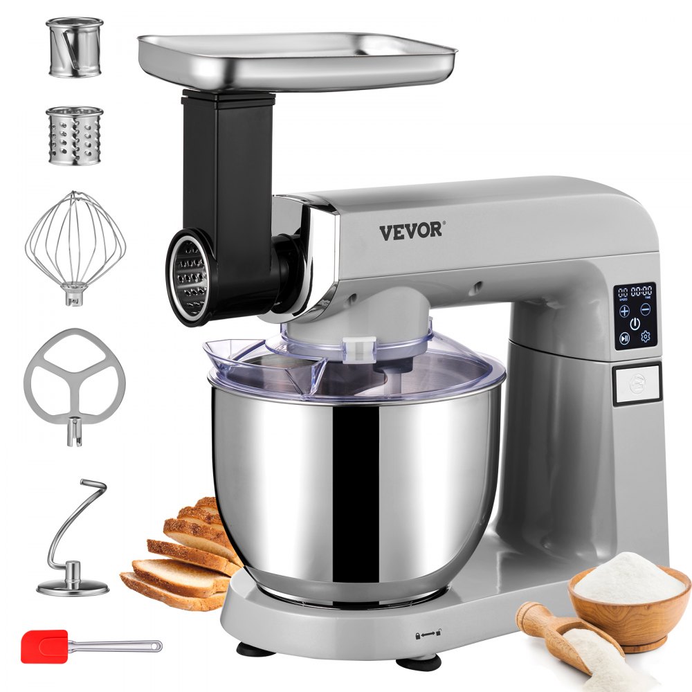 VEVOR 6 in 1 Stand Mixer 450W Multifunctional Electric Mixer with Tilt Head 6 Speeds and LCD Screen Timing 7.4Qt Stainless Bowl Dough Hook Flat Beater Whisk Scraper Grinder Stuffer Slicer VEVOR US
