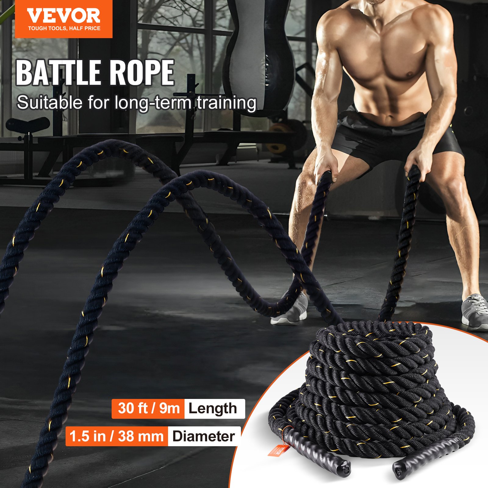 VEVOR Battle Rope, 1.5 Inch Diameter 30Ft Length Polyester Exercise ...