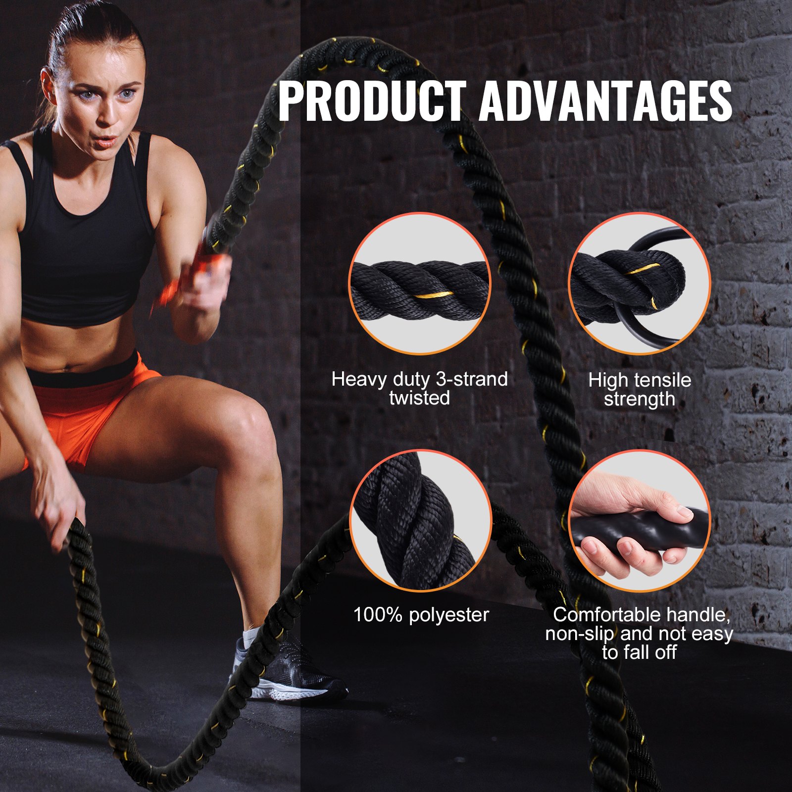 Battle Rope Weight VEVOR Battle Rope, 1.5 Inch Diameter 30Ft Length Polyester Exercise ...