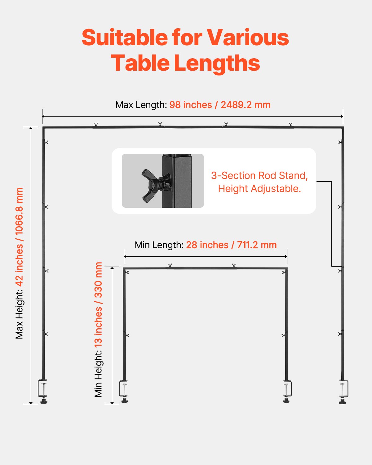 VEVOR Over The Table Rod Stand with Clamps, 13"-42" Tall & 28"-98 ...