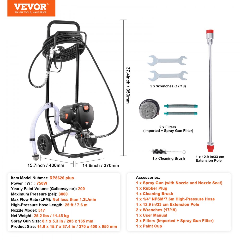 VEVOR 750W 3000PSI Stand Airless Paint Sprayer With Cart - Electric Paint Sprayer For Home & Fences