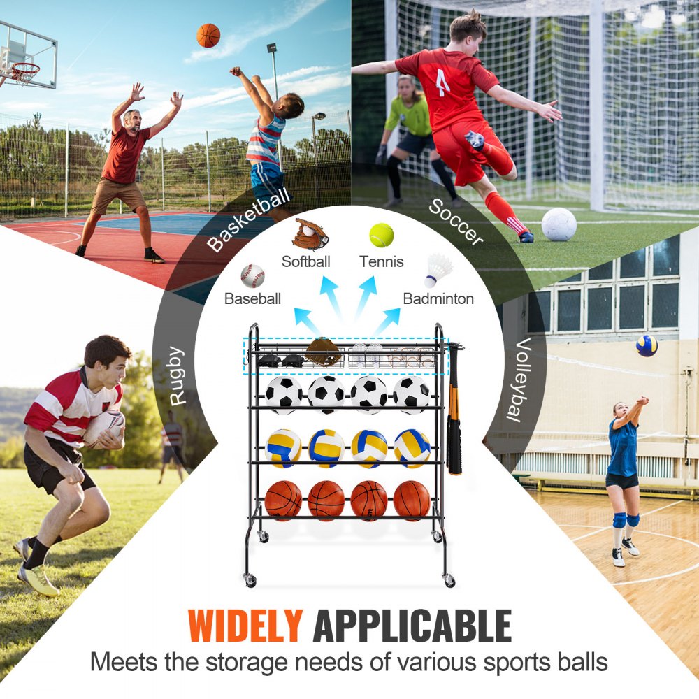 Rolling Basketball Storage Rack With Wheels - 4-Tier Holder For 16 Balls, Includes 2 Baskets & Hooks, Garage & Gym Organizer For Sports Equipment