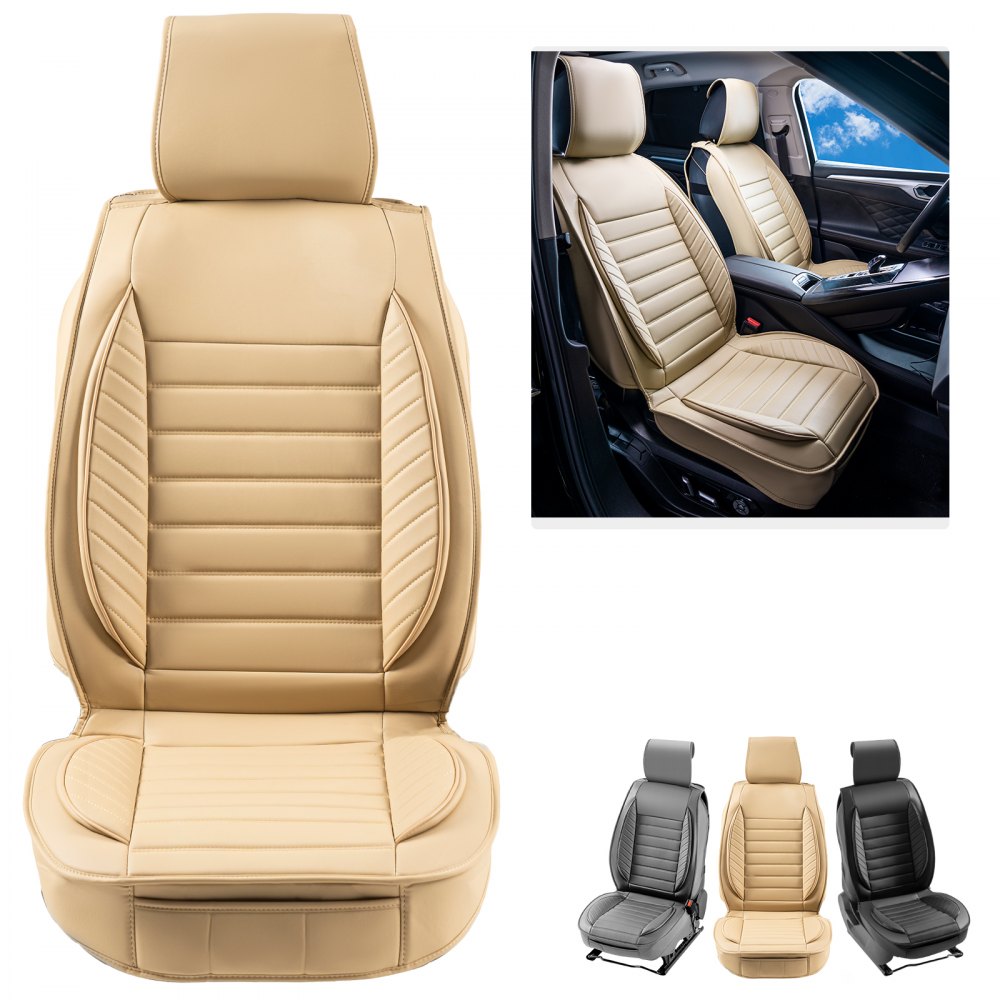 VEVOR Seat Covers Universal Car Seat Covers Front Seats 2pcs Faux Leather Seat Cover Semi enclosed Design Detachable Headrest and Airbag Compatible for Most Cars SUVs and Trucks Beige VEVOR US