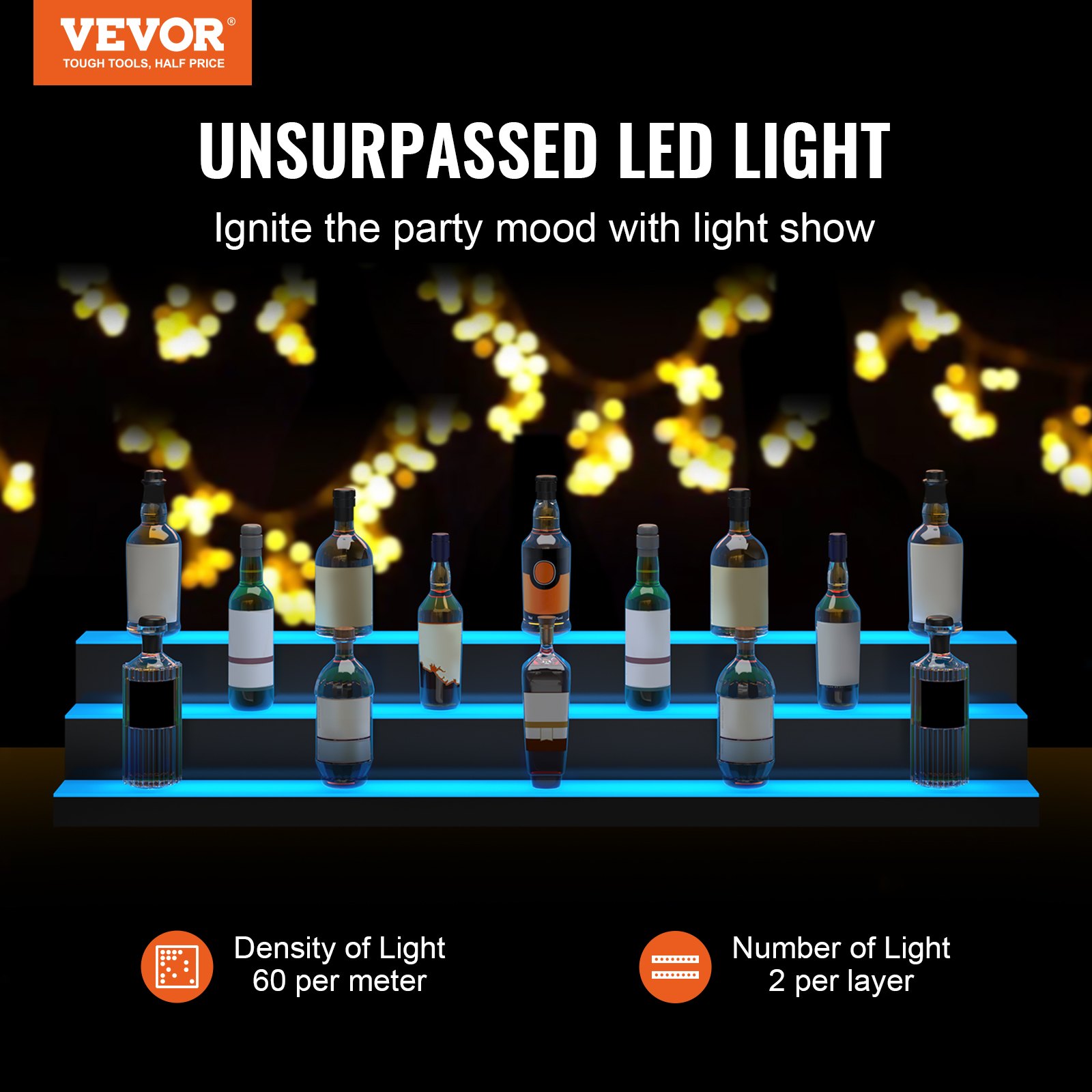 VEVOR LED Lighted Liquor Bottle Display Bar Shelf RF & App Control 60" 3-Step | VEVOR US