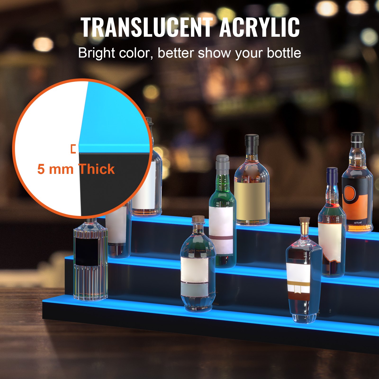 VEVOR LED Lighted Liquor Bottle Display Bar Shelf RF & App Control 60" 3-Step | VEVOR US