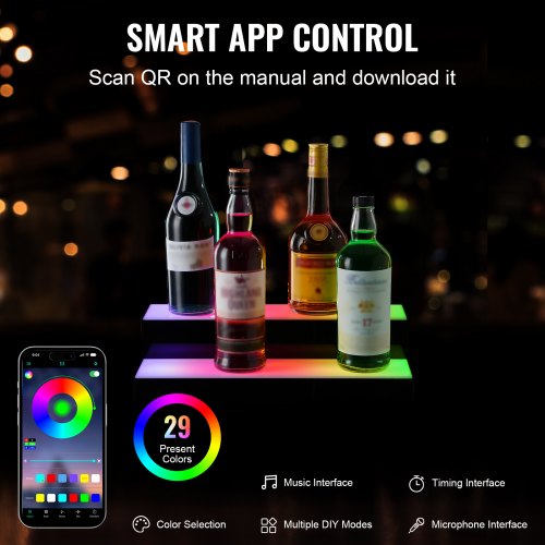 VEVOR LED Lighted Liquor Bottle Display Bar Shelf RF & App Control 48