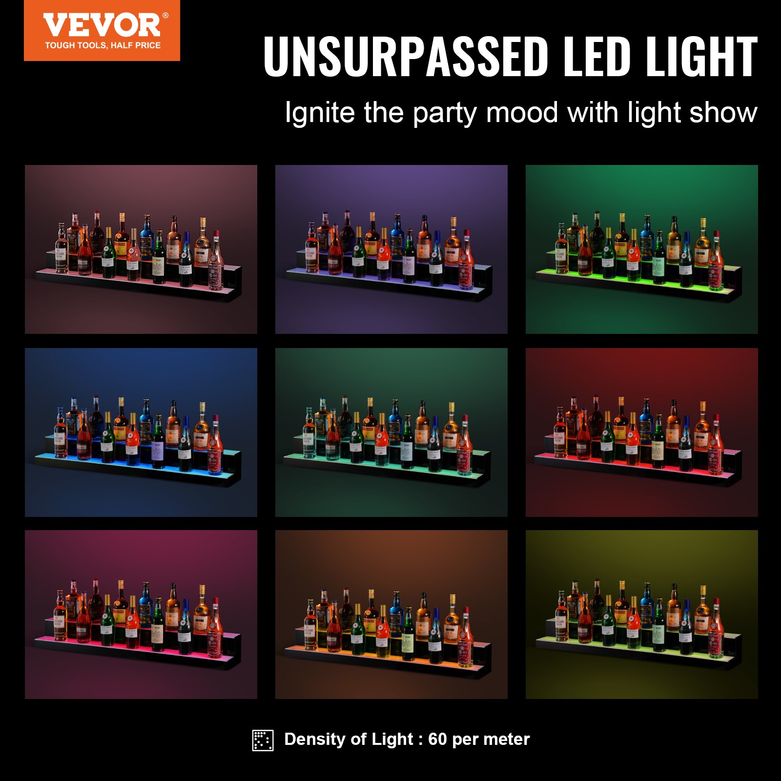 VEVOR LED Lighted Liquor Bottle Display Bar Shelf RF & App Control 48" 2-Step | VEVOR US