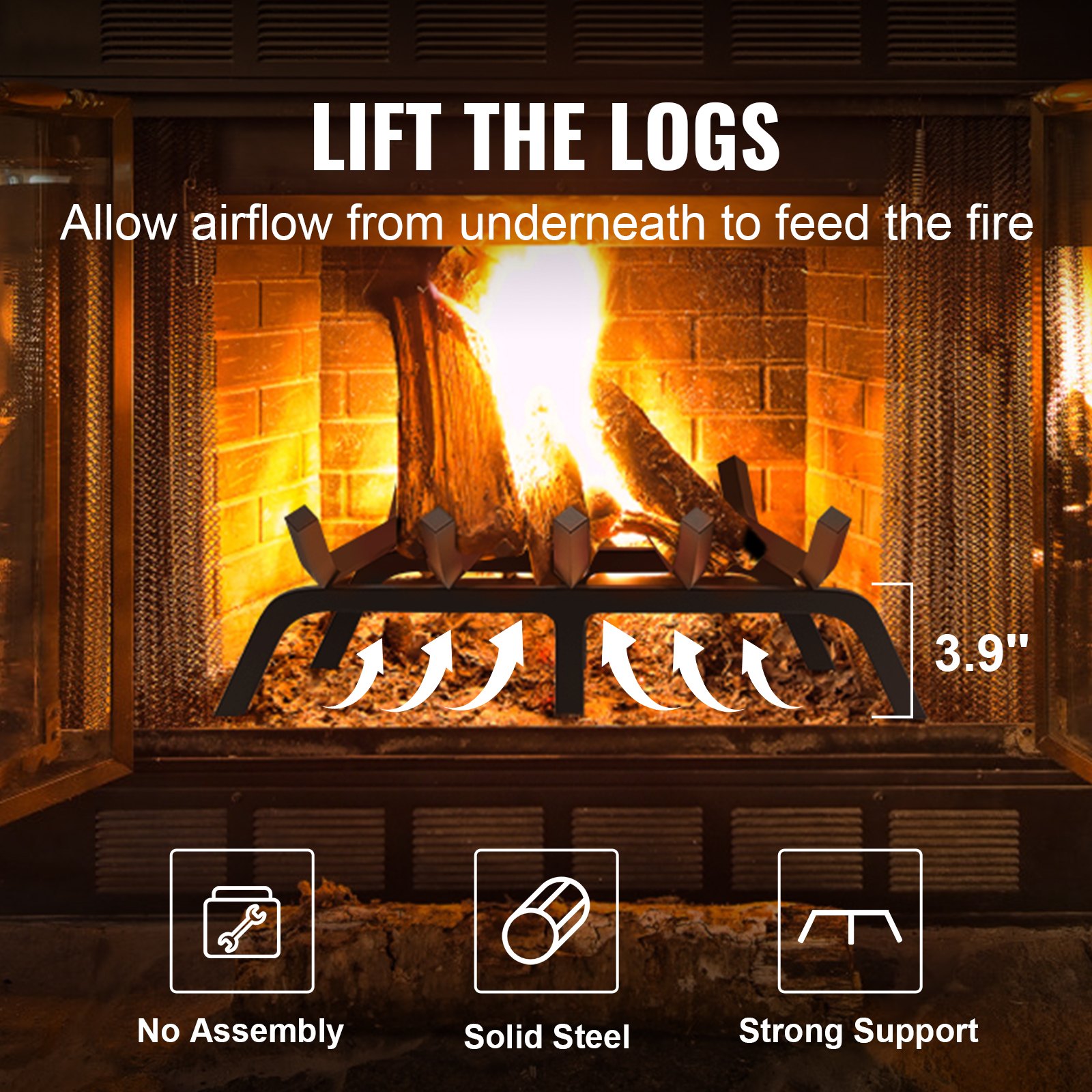 VEVOR Fireplace Log Grate, 24 inch Heavy Duty Fireplace Grate with 6 ...