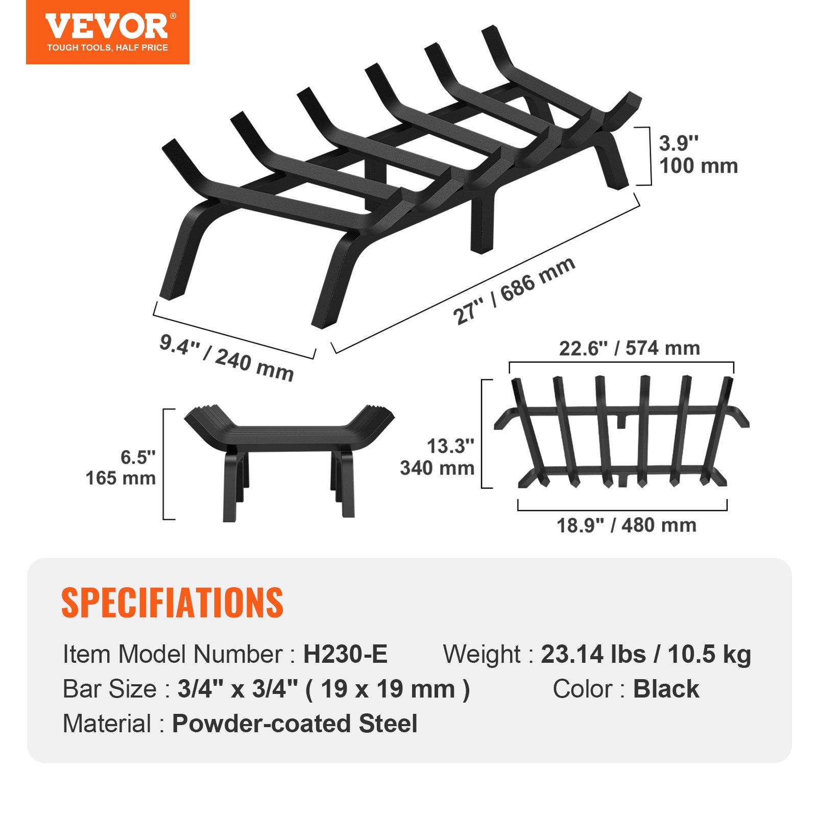 VEVOR Fireplace Log Grate, 27 inch Heavy Duty Fireplace Grate with 6 Support Legs, 3/4’’ Solid