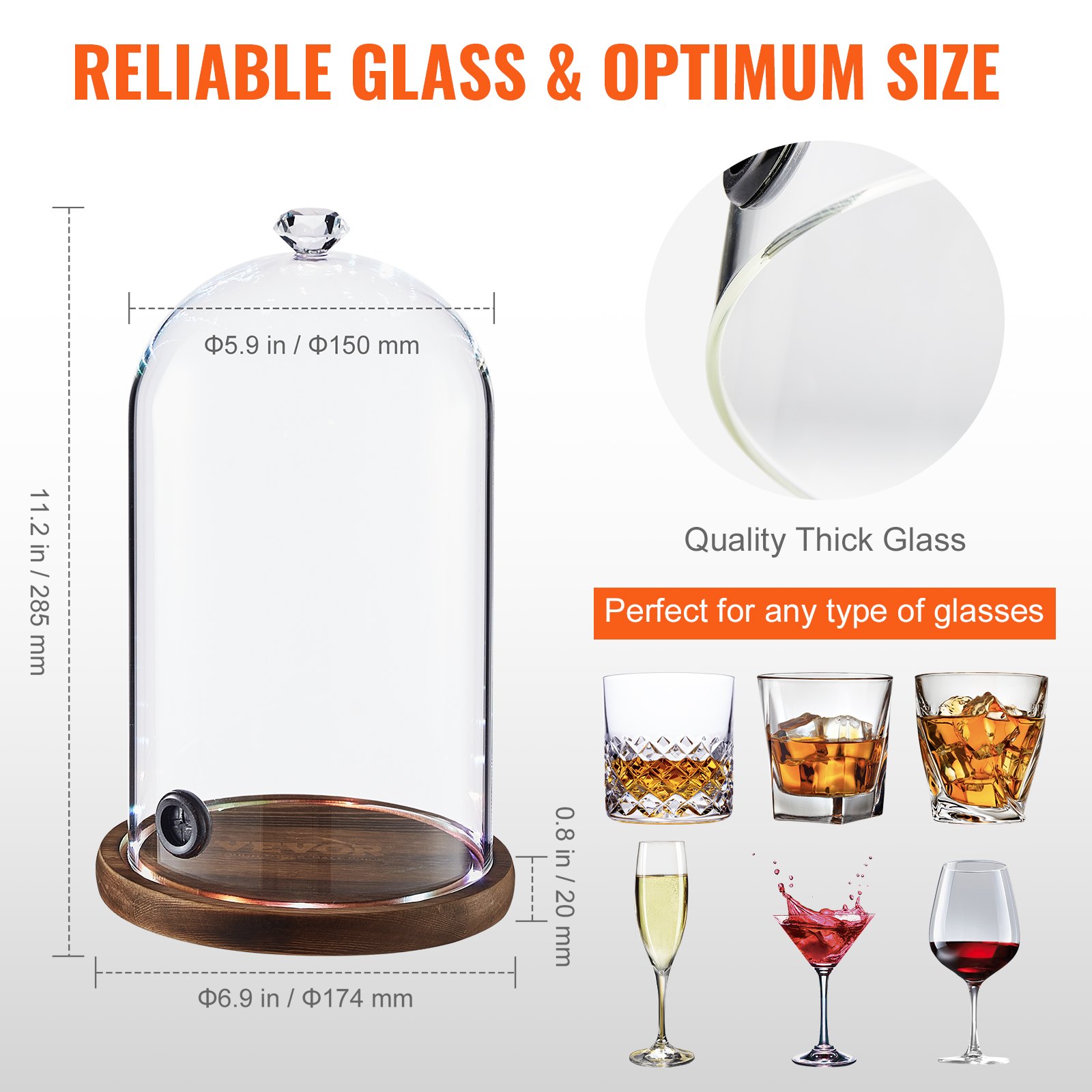 Uiifan 2x Räucherglocken Mit Holzsockel – 25x15cm – Für Cocktails, Speisen, Räucherpistolen