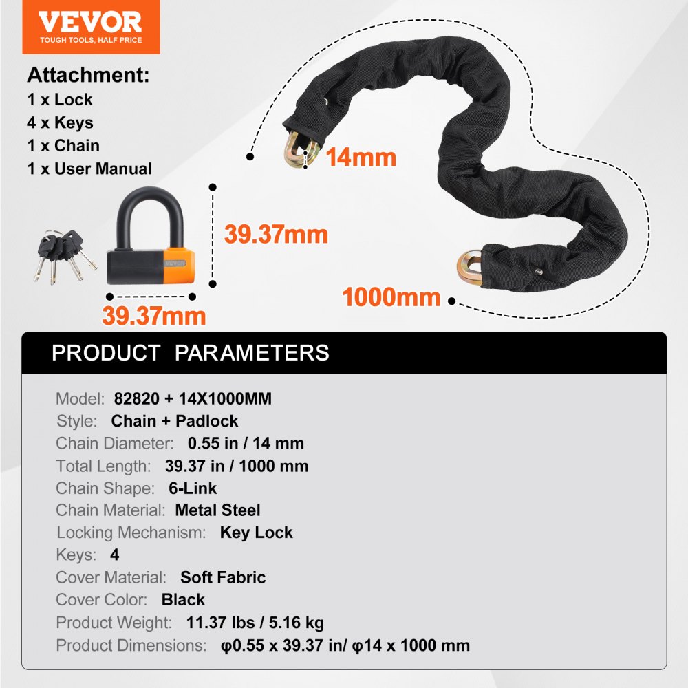 VEVOR Bike Chain Lock, 3.28 Ft Bicycle Chain Lock with 4 Keys, Heavy ...