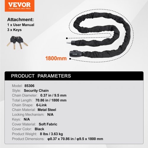 VEVOR Bike Chain Lock, 5.91 Ft Combination Bicycle Chain Lock with