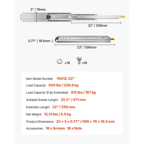 VEVOR Heavy Duty Soft Close Drawer Slides – 12 Sizes, 500 lb