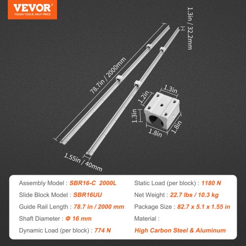 VEVOR Linear Guide Rail Set, SBR16 2000mm, 2 PCS 78.7 in/2000 mm