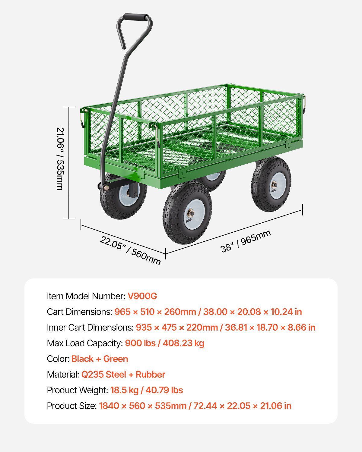 Heavy Duty Steel Garden Cart – 900lbs Capacity Utility Wagon With 10in Tires (Model V900G)