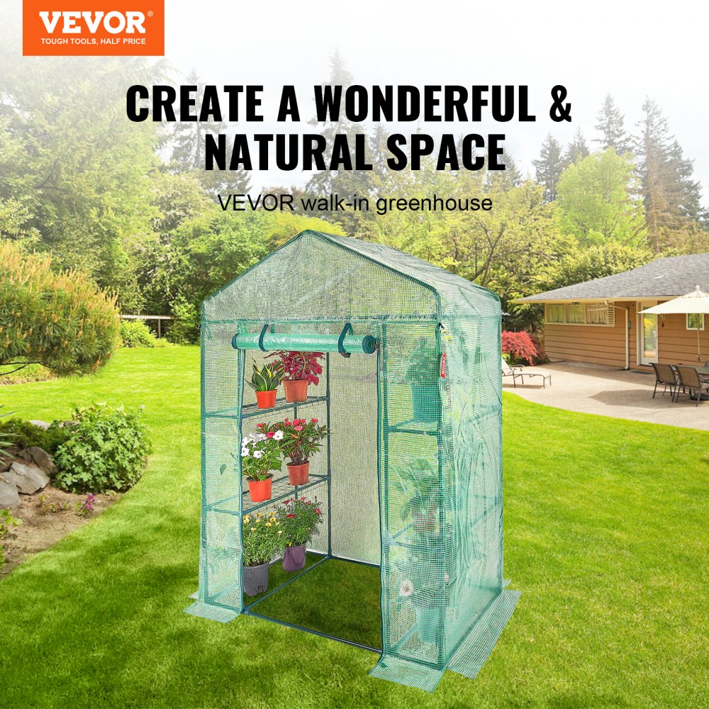 VEVOR Walk-in Green House, 4.6 x 2.4 x 6.7 ft Greenhouse with Shelves ...